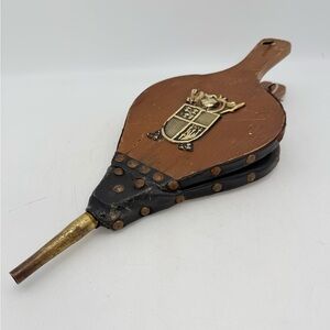 Brown and Black Decorative Fireplace Bellows with Brass Crest